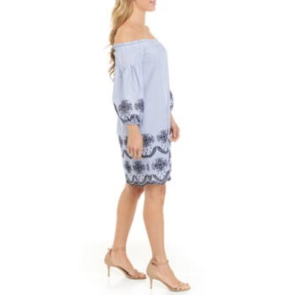 Vince Camuto Women's Off the Shoulder Eyelet Shift Dress Embroidered Hem SZ 14W - Picture 3 of 15
